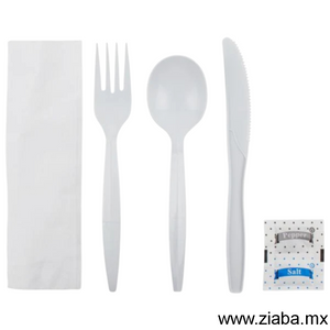 Kit de Cubiertos de Plástico Estuchado con Servilleta, Sal y Pimienta, Color negro - Karat