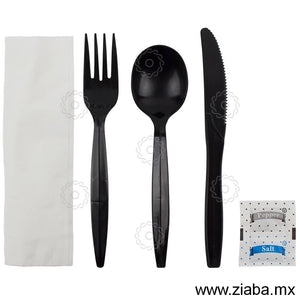 Kit de Cubiertos de Plástico Estuchado con Servilleta, Sal y Pimienta, Color negro - Karat