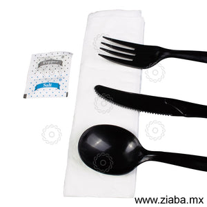 Kit de Cubiertos de Plástico Estuchado con Servilleta, Sal y Pimienta, Color negro - Karat