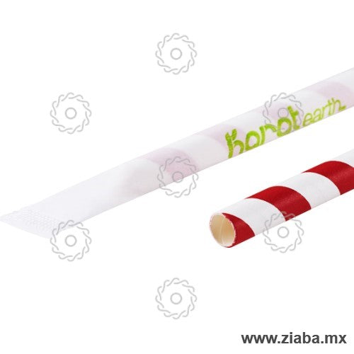 Popote Biodegradable de Papel con Diseño Espiral Estuchado, 23cm x 7mm, Blanco y Rojo - Karat Earth